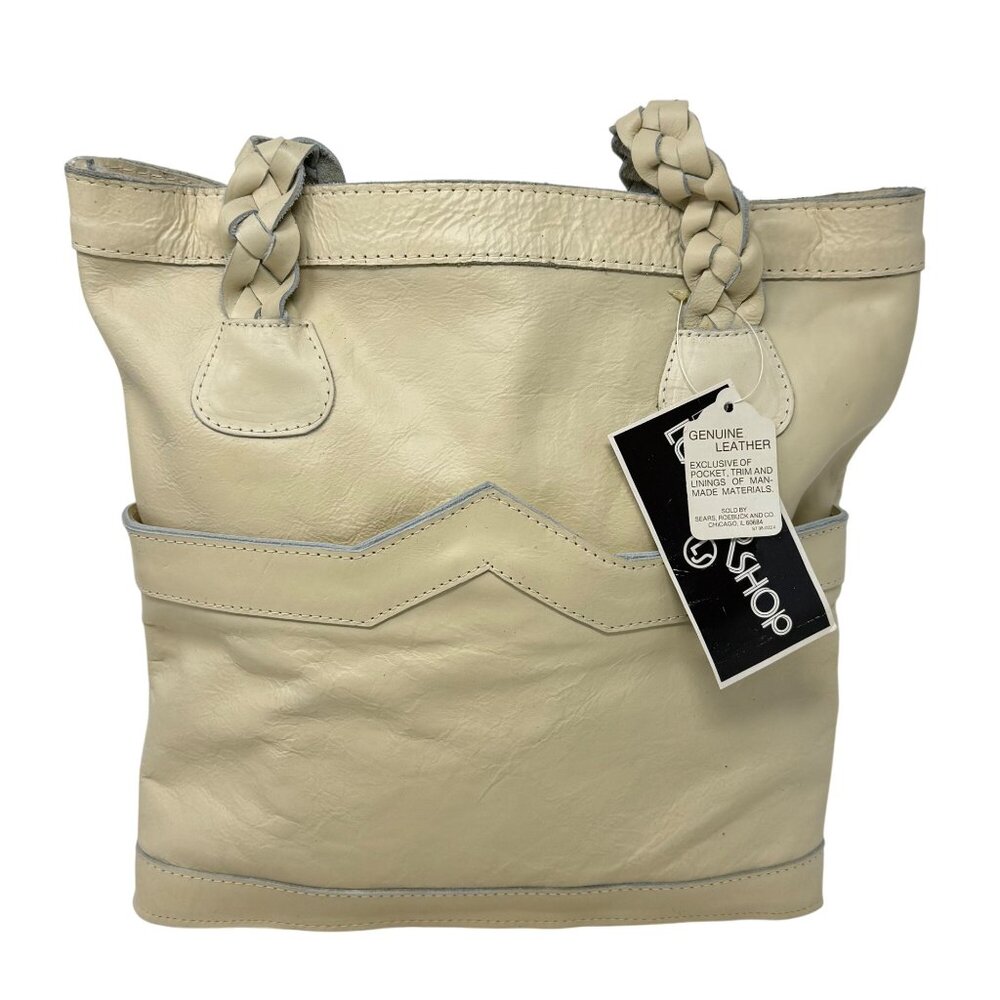 Vtg Sears Genuine Leather Shop Beige PUrse Tote Bag Braided Handles Hobo‎ Bucket
